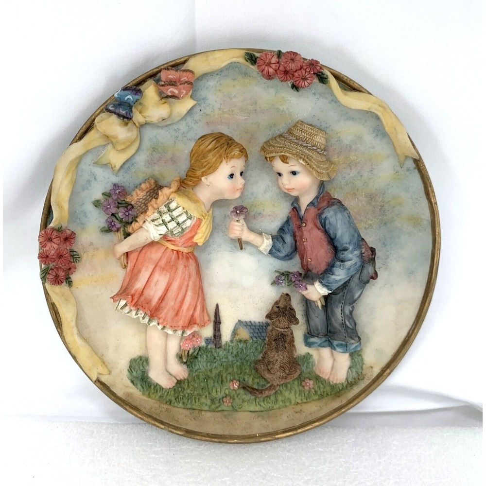 Santini‎ Italy 7" Resin Wall Plaque Boy Girl Dog Vintage Romantic Raised Relief